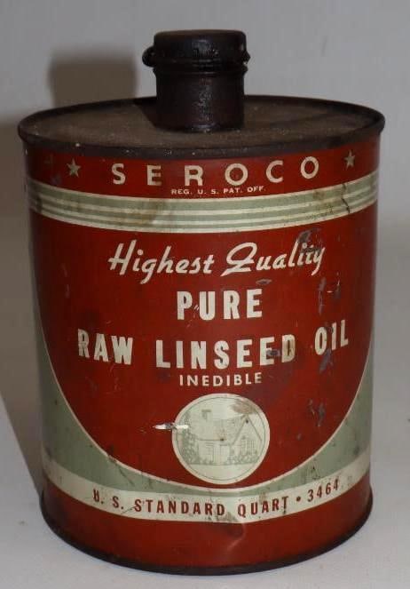Seroco Pure Raw Linseed Oil Squatty One Quart Metal Oil Can: 4" x 4" x 5.5"
