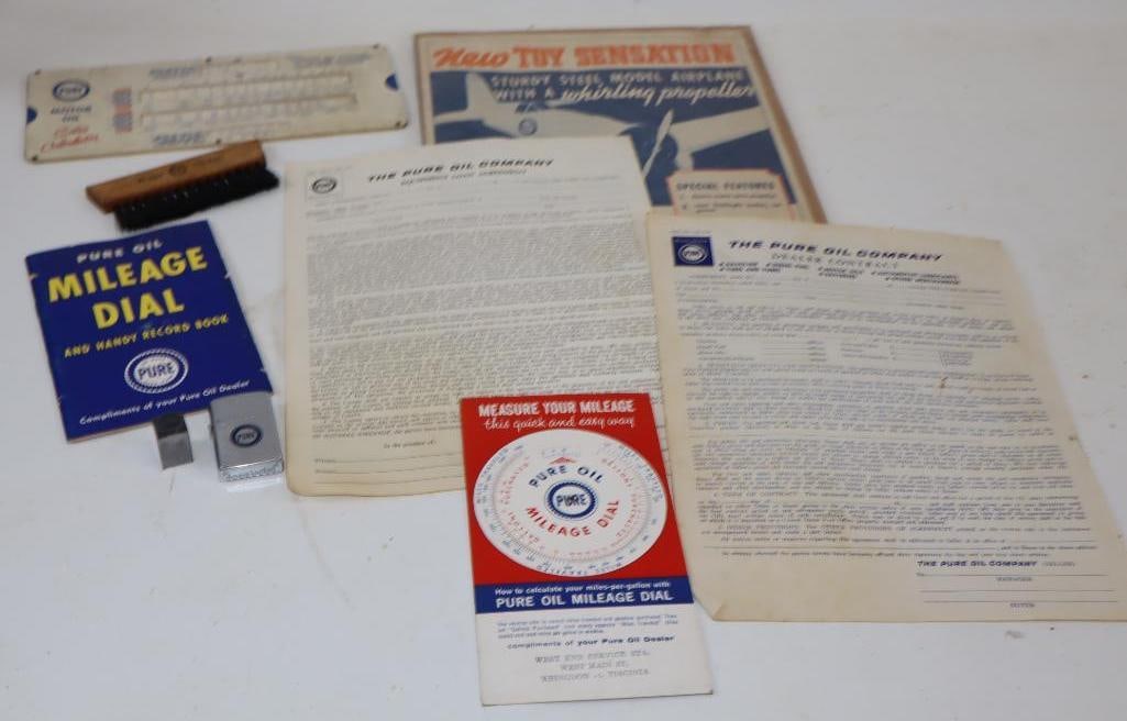 Group of 8 Pure Advertising Stationary, Slide Ruler, Brush, Refillable Lighter, & Stamp: Largest is 9" x 12"