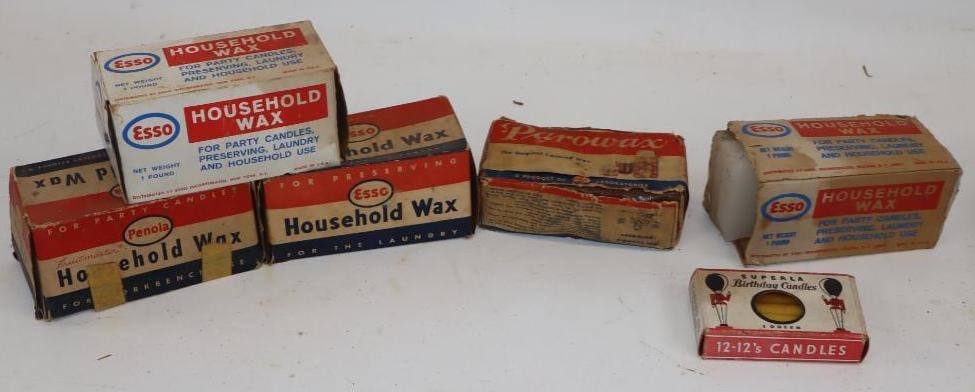 Group of 6 Esso Sohio Superla & Penola Gas Station Wax & Candles: Largest is 1 Lb, some boxes are partial