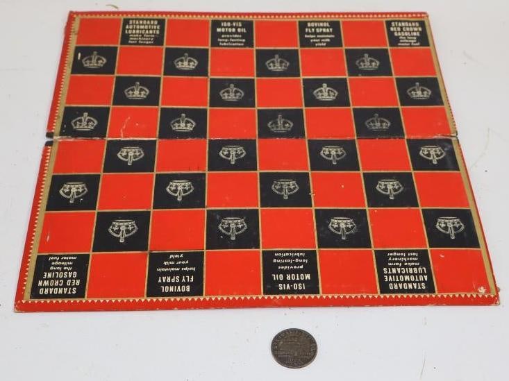Group of 2 Standard Oil Red Crown Checker Board & 1923 No Accident Honor Badge Token: Largest is 14" x 14"