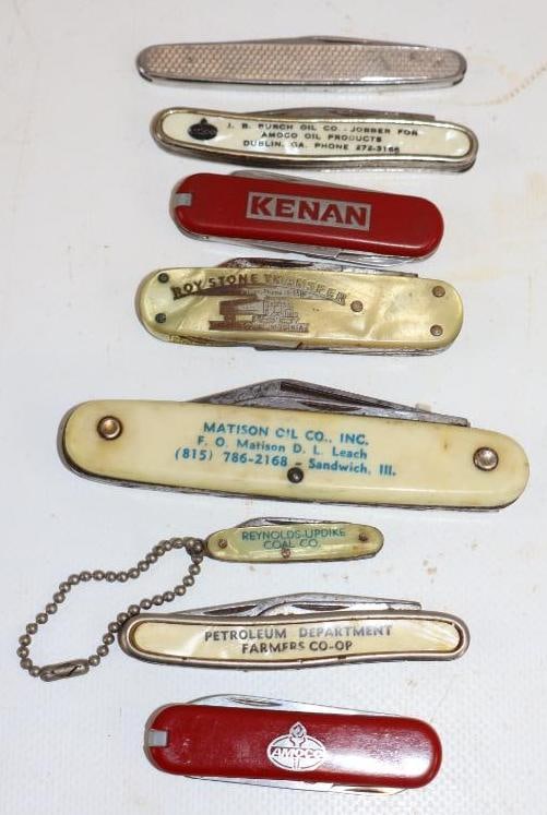 Group of 7 Standard, Amoco, & Other Advertising Pocket Knives: Largest is 4.25" x 1.25" x .5"