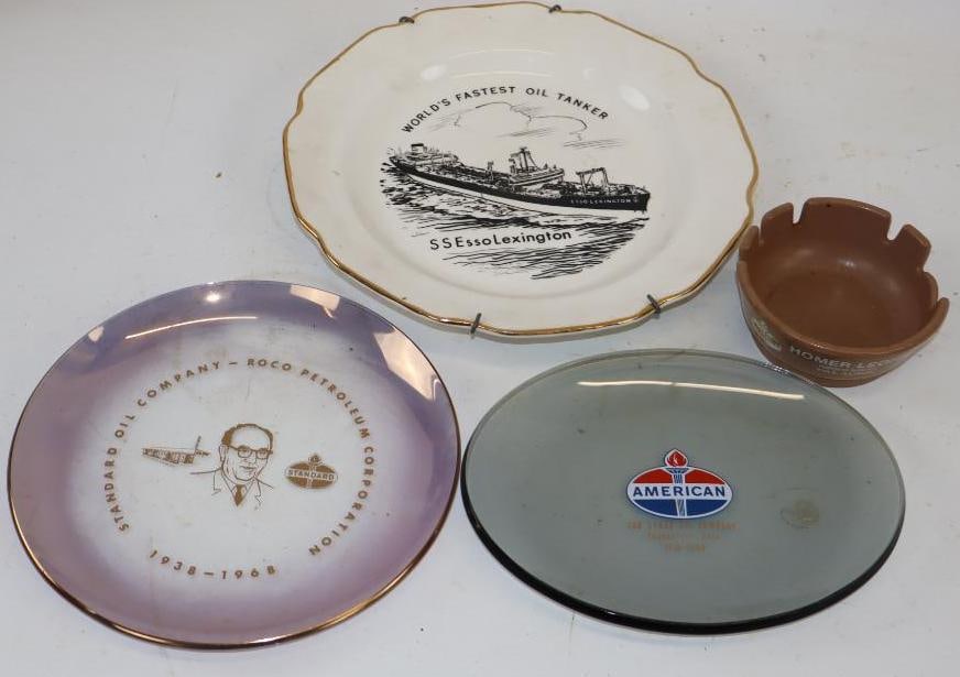 Group of 4 Esso, Standard, Amoco, & American Advertising Plates & Ashtray: Largest is 10" x 10" x 1"