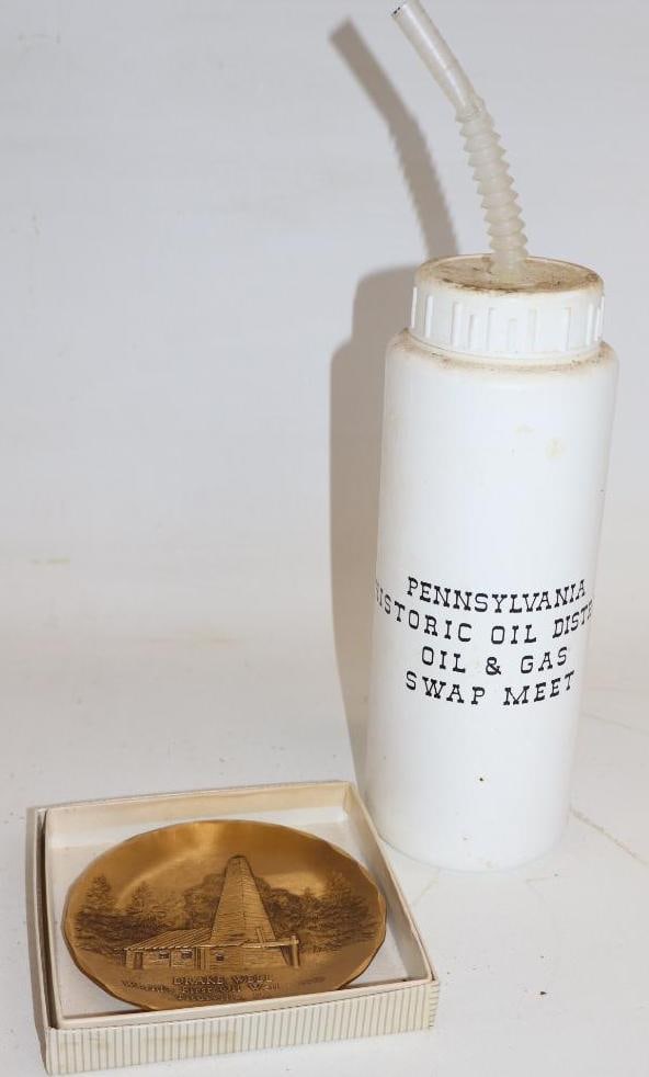 Group of 2 Penn Drake Bronze Giftware & Swap Meet Water Bottle: Largest is 3" x 3" x 9"