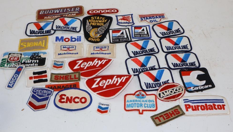 Group of 33 Gas Station Tractor Racing & Highway Patrol Shirt Patches: Largest is 5.25" x 2"