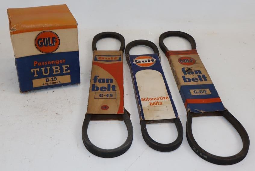 Group of 4 Gulf Advertising Fan Belts & Tire Tube Box: Largest is 22" x 4.5" tube box is empty