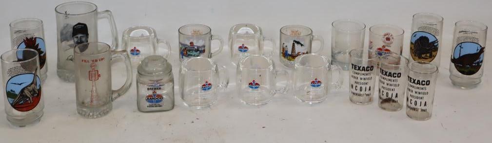 Group of 17 Amoco, Texaco, & Standard Advertising Mugs, Glasses, & Candy Jar: Largest is 5" x 3.5" x 7"