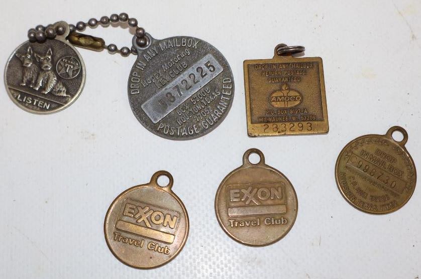Group of 6 Exxon, Amoco, Esso, & Texaco Listen Advertising Keychains: Largest is 1.25" x 1.25"