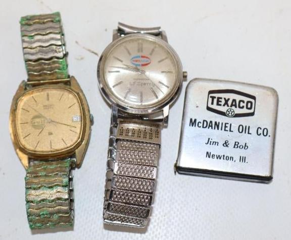 Group of 3 Gulf, Texaco, & Tenneco Advertising Watches & Tape Measure: Largest is 3.5" x 1.25" Tenneco watch works