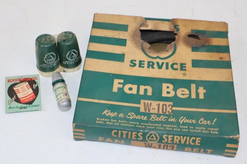 Group of 4 Cities Service Advertising Salt & Peppers Shakers, Matchbook, Thread Container, & Fan: Largest is 7" x 7" x 1"