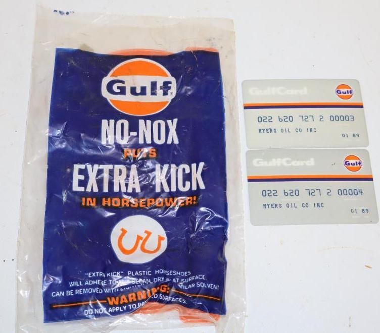 Group of 3 Gulf No Nox Extra Kick Horseshoe Advertisement & Credit Cards: Largest is 4.5" x 8"