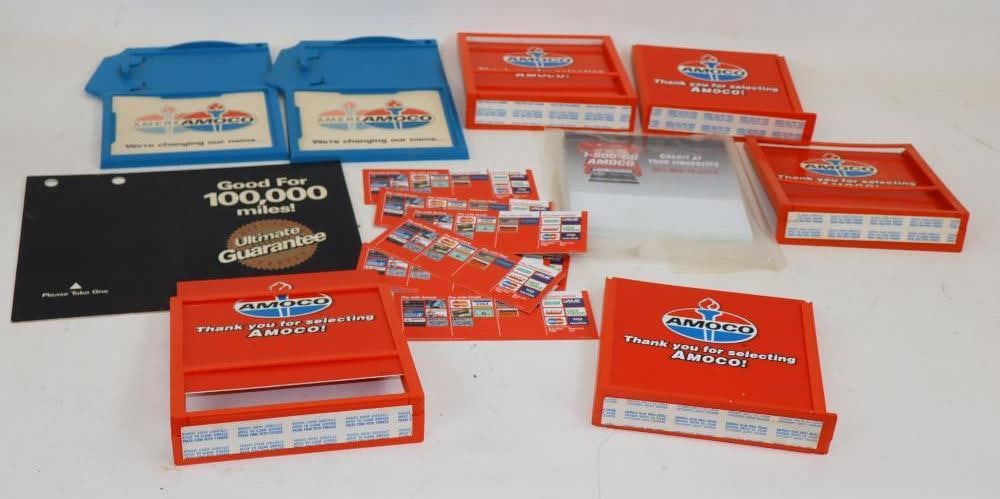 Group of 8 Amoco Credit Card Advertising Signs, Pump Toppers, & Receipt Trays: Largest is 11" x 8.5" pump toppers have extra inserts