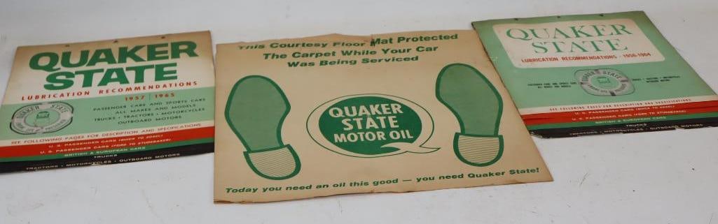 Group of 3 Quaker State 1960's Lubrication Charts & Courtesy Floor Mat: largest is 17.5" x 17"