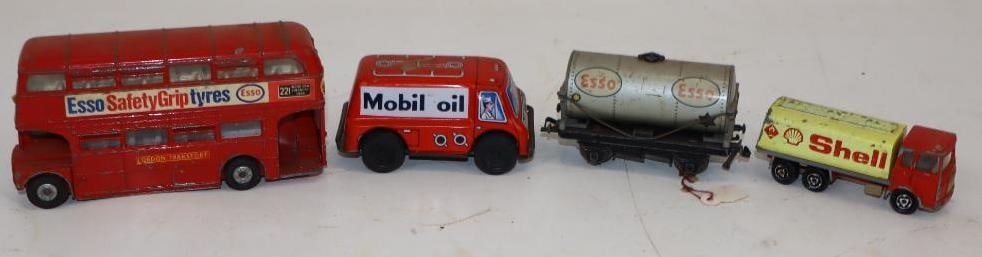 Group of 4 Esso, Shell & Mobil Toy Car, Bus, & Train Tanker: Largest is 4.5" x 1.25" x 2.25"