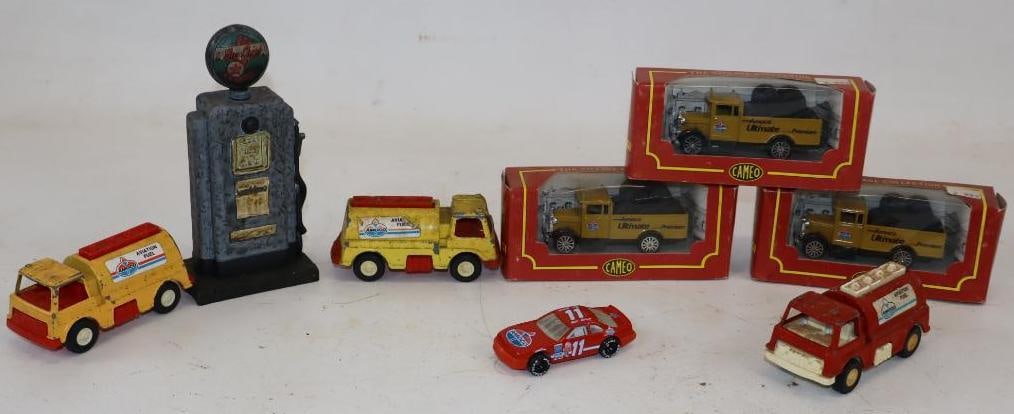 Group of 8 Diecast Toy Cars, Trucks, & Poly Resin Gas Pump: Largest is 2.75" x 1.75" x 5.75"