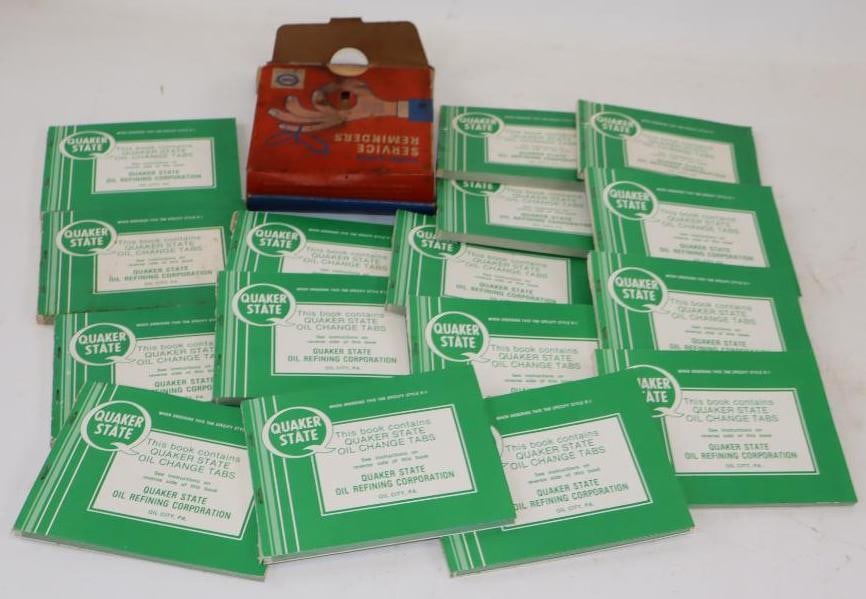 Group of 17 Quaker State & Pure Oil Change Reminder Tag Books: Largest is 6" x 6" x 1.5"