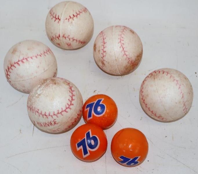 Group of 8 Styrofoam Skelly Service Baseballs & Union 76 Antenna Toppers: Largest is 2.5" x 2.5" x 2.5"