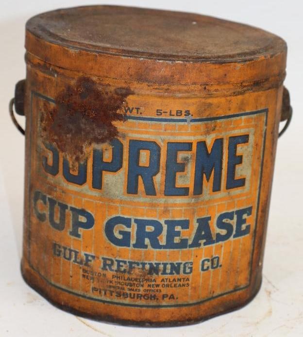 Early Gulf Refining Supreme Five Pound Cup Grease Can: 6" x 6" x 6"