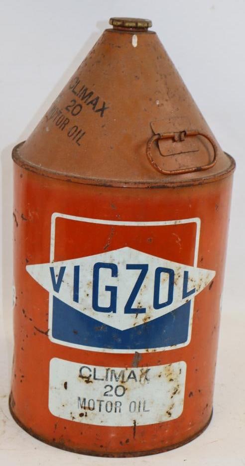 Amoco Vigzol Climax Conetop Five Gallon Oil Can: 11.5" x 11.5" x 20"