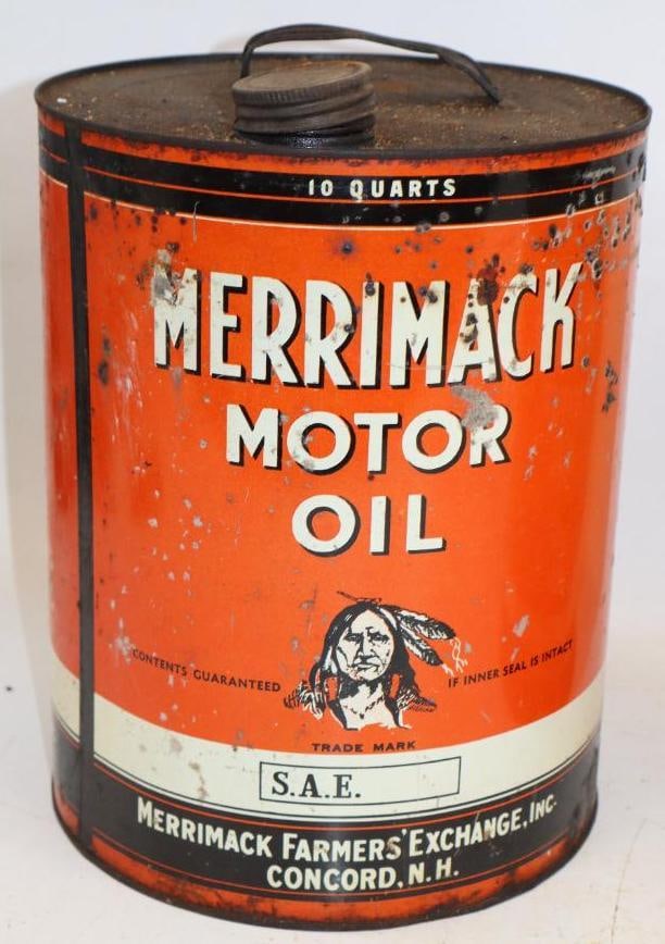 Merrimack Ten Quart Round Metal Oil Can with Indian Graphics: 8.5" x 8.5" x 11"