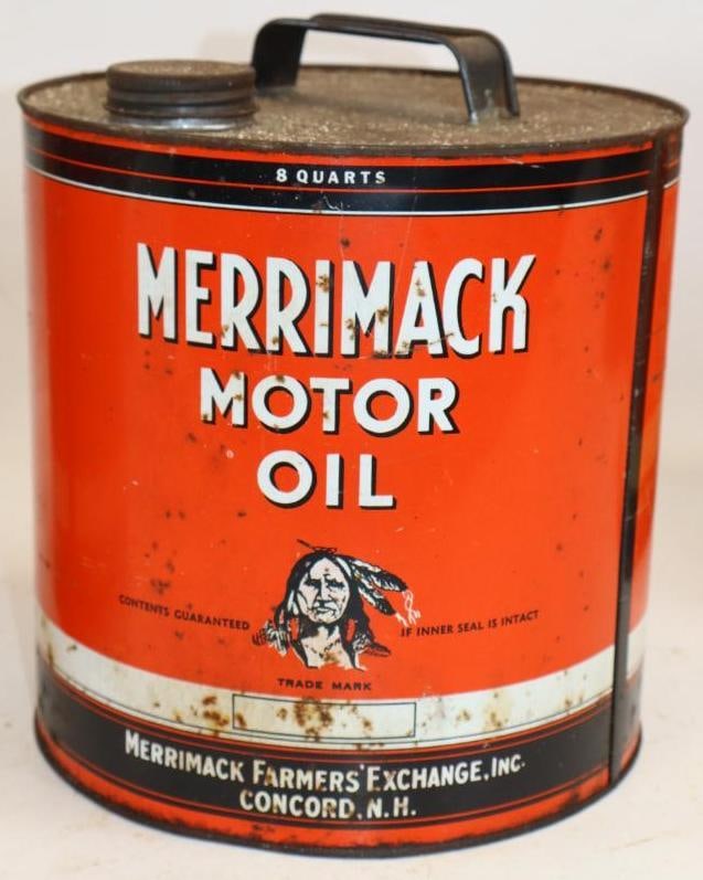 Merrimack Eight Quart Round Metal Oil Can with Indian Graphics: 8.5" x 8.5" x 9"