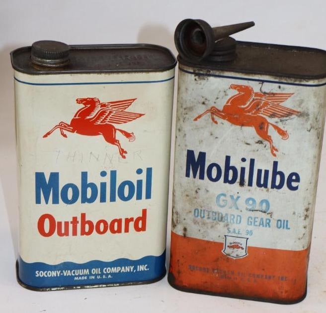Group of 2 Mobiloil and Mobilube One Quart Outboard Oil Cans: Empty. 32oz each