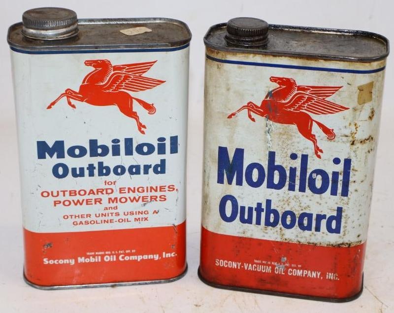 Group of 2 Mobiloil One Quart Outboard Oil Cans: Empty. 32oz each