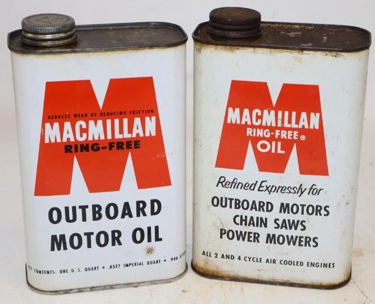 Group of 2 MacMillan One Quart Outboard Metal Oil Cans: Empty. 32oz each