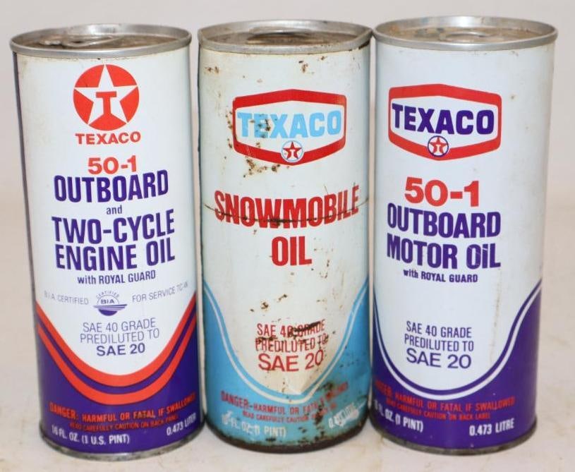 Group of 3 Texaco Outboard and Snowmobile One Pint Oil Cans: Empty. 16oz each