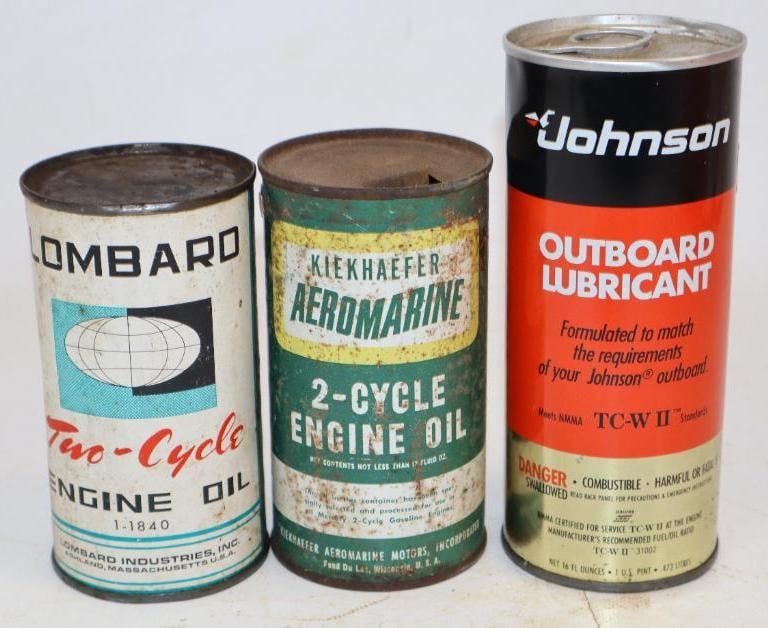 Group of 3 Johnson, Kiekhaefer, and Lombard Two Cycle Outboard One Pint Oil Cans: Empty. 16oz each