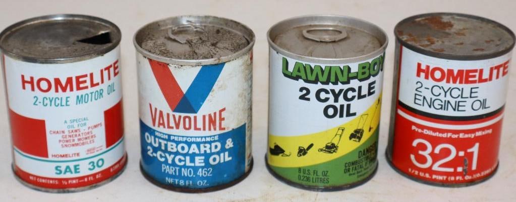 Group of 4 Half Pint Outboard and Two Cycle Oil Cans: Valvoline and Homelite are full. 8oz each