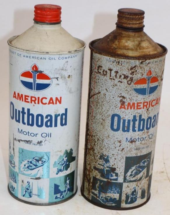Group of 2 American Outboard Conetop Oil Cans: Empty. 32oz each