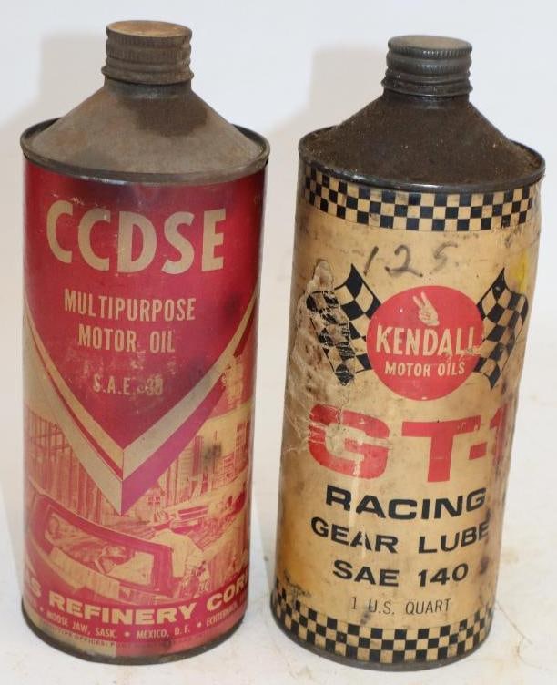 Group of 2 Kendall Racing and CCDSE One Quart Conetop Oil Cans: Empty. 32oz each