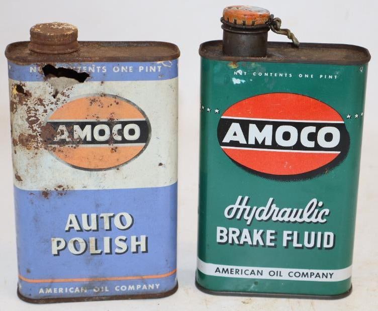 Group of 2 Amoco Auto Polish and Brake Fluid One Pint Oil Cans: Auto Polish has rust on top. Empty. 32oz each