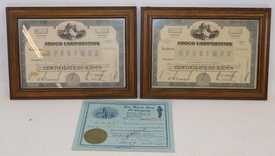 Group of 3 Amoco Oil Corp. Specimen & The Uncle Sam Oil Company Stock Certificates: Largest is 14.5" x 10.5" Amoco Specimen Certs are blank & framed, Uncle Sam is dated 1909