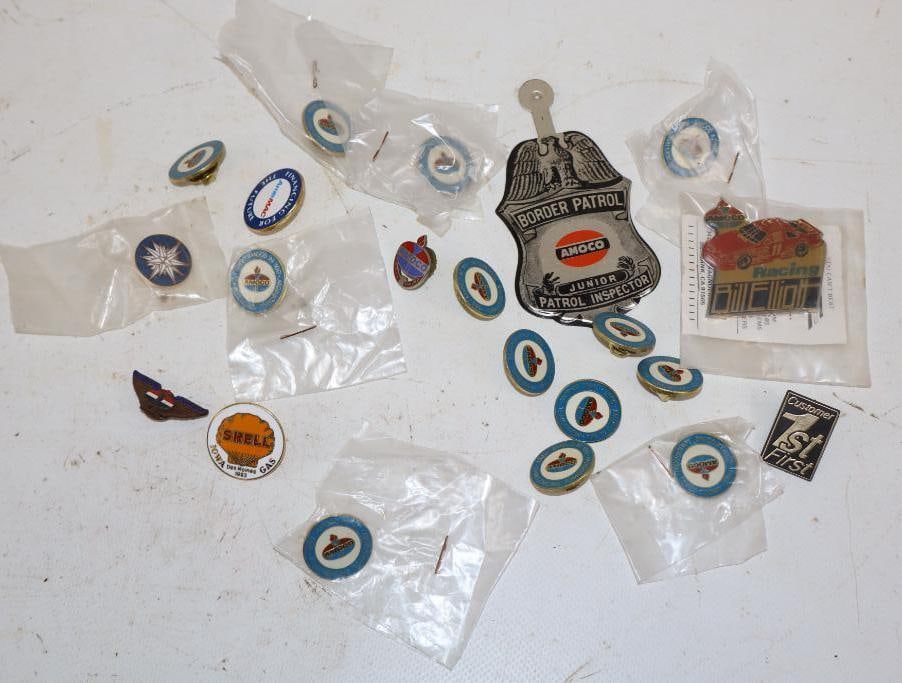 Group of 20 Amoco Pins & Junior Border Patrol Badge: Largest is 4" x 2"