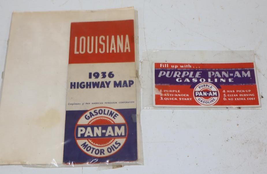 Group of 2 Pan-Am Gasoline Advertising Road Map & Ink Blotter: Largest is 9" x 4"