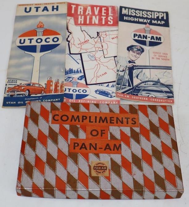 Group of 3 Pan-Am & Utoco Advertising Road Maps & Stationary Box: Largest is 9" x 4" box is empty