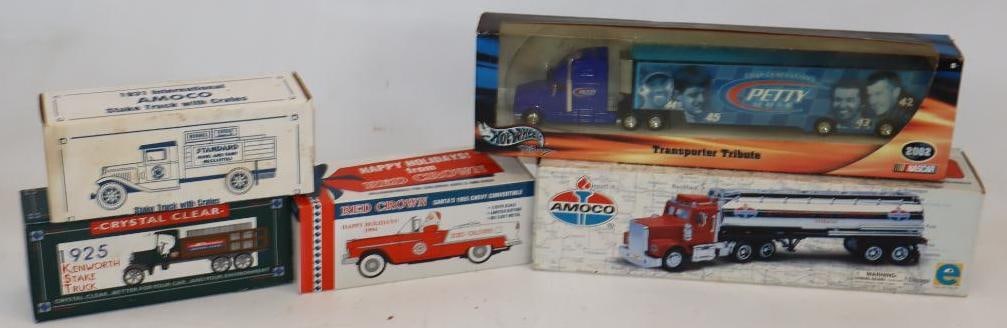 Group of 5 Amoco, Standard, Penny Racing, & Red Crown Gas Station Toy Trucks & Semis in Original: Largest is 16" x 4.5" x 2"