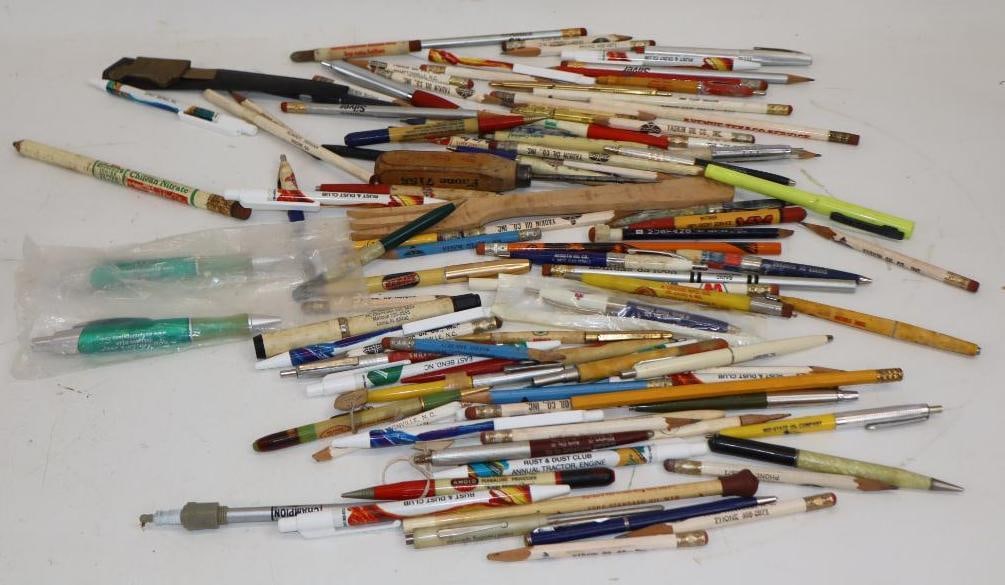 Group of 118 Advertising Pens, Pencils, Fork & Ice Pick: Largest is 10" x 1"