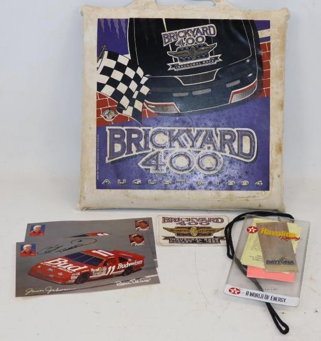 Group of 4 Brick Yard 400 Race Cushion, Shirt Patch, Bill Elliot Signed Postcard & Daytona 500 Race: Largest is 13.5" x 13.5" x 1.5"