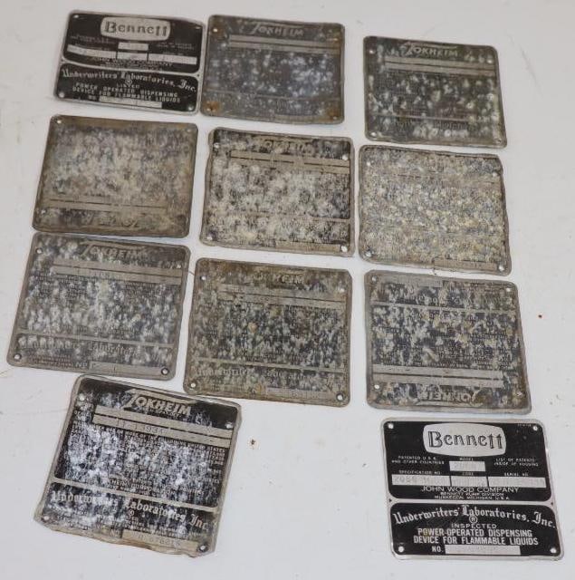 Group of 11 Bennett & Tokheim Gas Pump Serial Data Plates: Largest is 3.75" x 3.75"