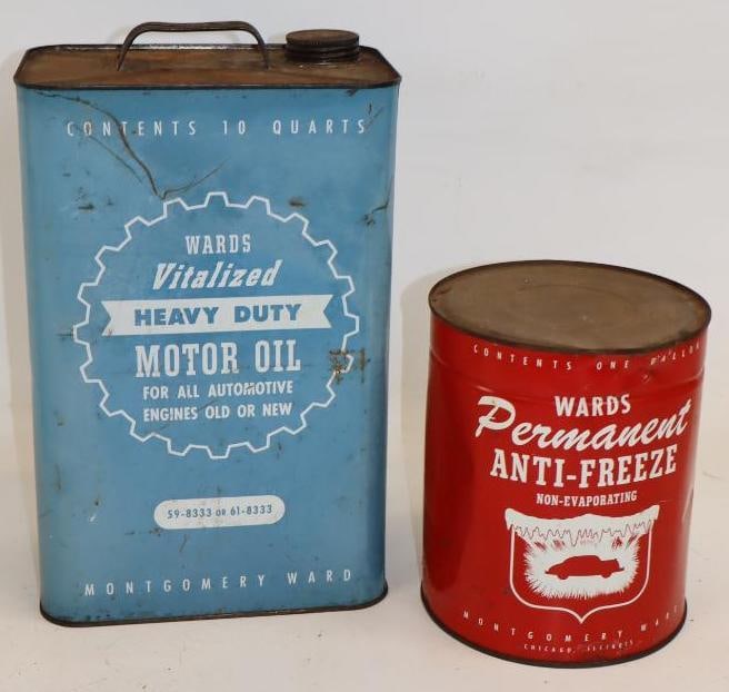 Group of 2 Ward's Vitalized HD and Permanent Anti Freeze Ten Quart and One Gallon Metal Oil Cans: Empty. Largest is 8.5" x 5.75" x 13.5"