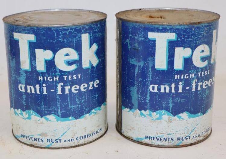 Group of 2 Trek Antifreeze One Gallon Metal Oil Cans: Empty. 6.5" x 6.5" x 7.75" each