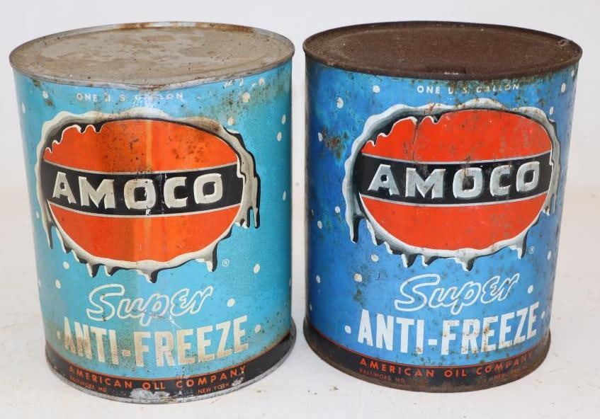 Group of 2 Amoco Antifreeze One Gallon Metal Oil Cans: Empty. 6.5" x 6.5" x 7.75" each