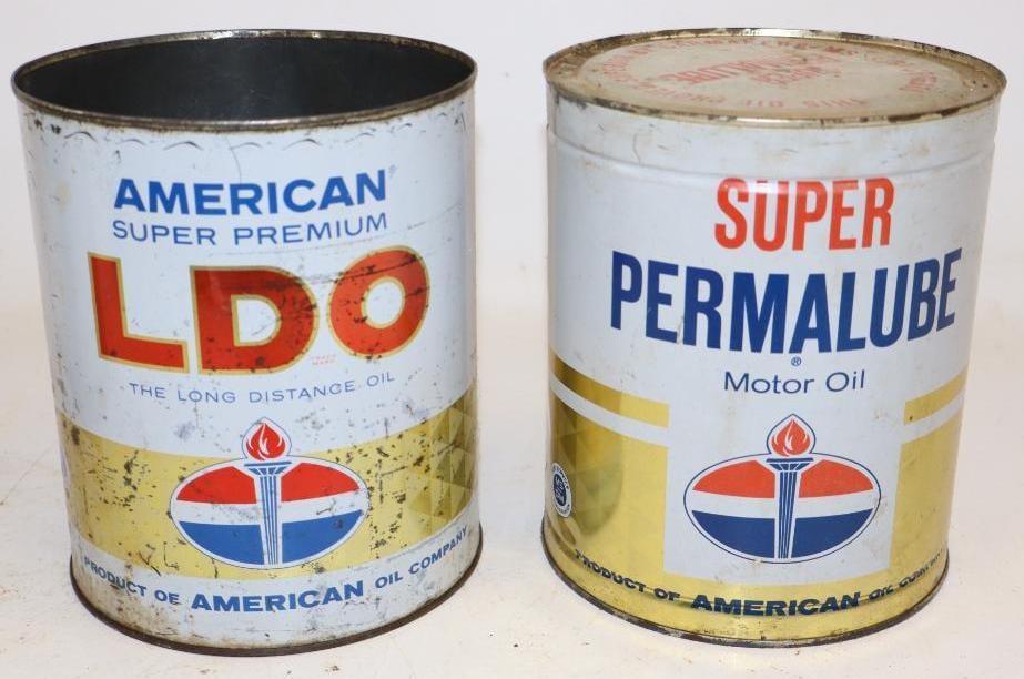 Group of 2 American Oil LDO, and Permalube One Gallon Metal Oil Cans: LDO is missing top lid. Empty. 6.5" x 6.5" x 7.75" each