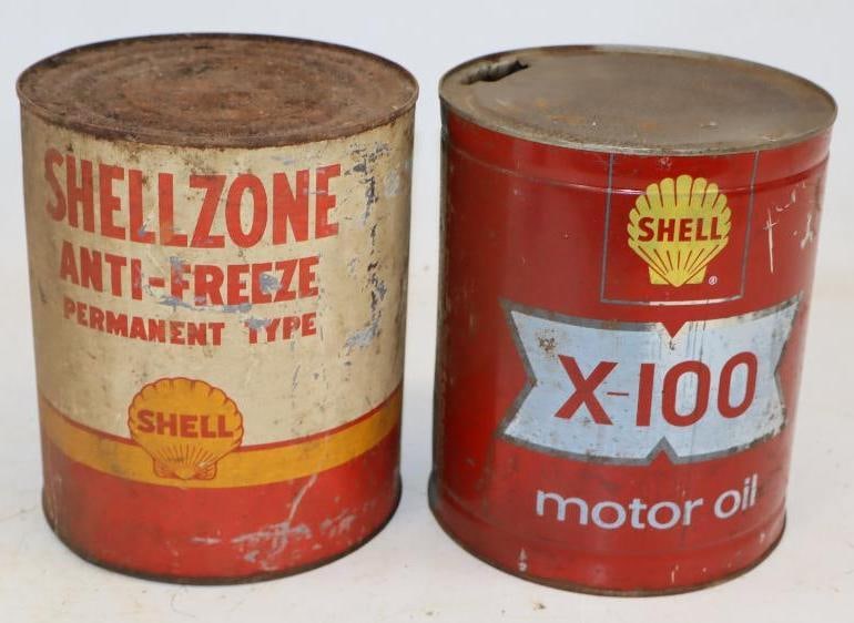 Group of 2 Shell X-100, and Shellzone One Gallon Metal Oil Cans: Empty. 6.5" x 6.5" x 7.75" each