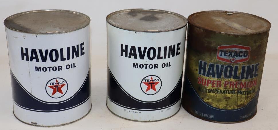 Group of 3 Texaco Havoline One Gallon Metal Oil Cans: Empty. 6.5" x 6.5" x 7.75" each