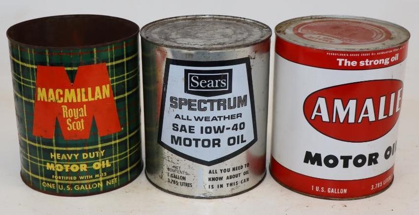 Group of 3 Sears Spectrum, Amalie, and MacMillan One Gallon Metal Oil Cans: Mac Millan is missing top lid. Empty. 6.5" x 6.5" x 7.75" each