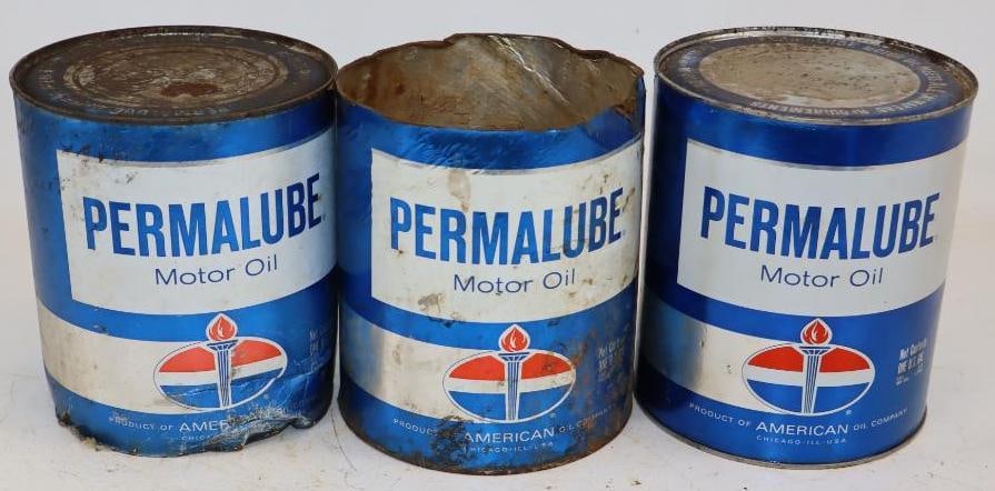 Group of 3 American Oil Permalube One Gallon Composite Oil Cans: Two are missing top lid. Empty. 6.5" x 6.5" x 7.75" each