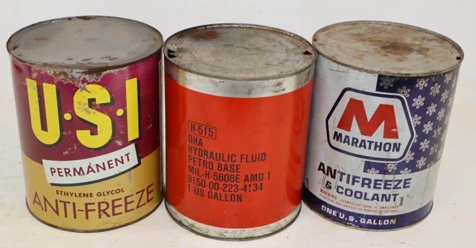 Group of 3 Marathon U-S-I, and OHA Antifreeze, and Hydraulic One Gallon Metal Oil Cans: Empty. 6.5" x 6.5" x 7.75" each